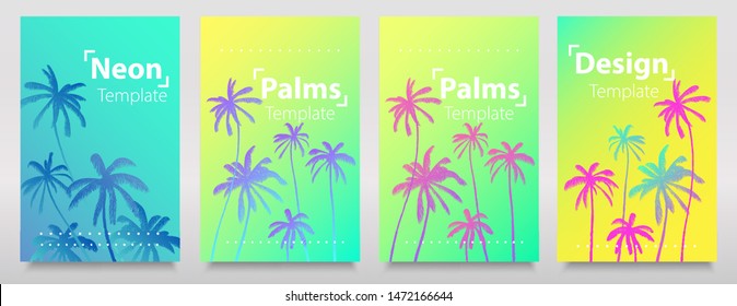 Neon lights gradient effects collection of backgrounds with neon palms. Fluorescent bright neon colors layout, flyers, banners, poster.