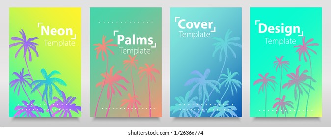 Neon lights gradient effects collection of backgrouns with neon palms. Cute bright neon colours poster. Art light flyer, trend cards.