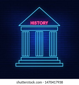 Neon lights of history. Bright building. Modern vector logo, icon, banner, shield, screen, story lettering image. Night advertising on the background of a brick wall.