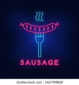 Neon lights hot dogs. Bright, hot sausage and fork. Modern vector logo, icon, banner, shield, screen, sausage lettering image. Night advertising on the background of a brick wall.