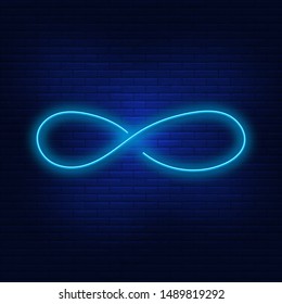 Neon lights infinity. Bright is infinity. Modern vector logo, banner, shield, infinity pattern. Night advertising on the background of a brick wall.