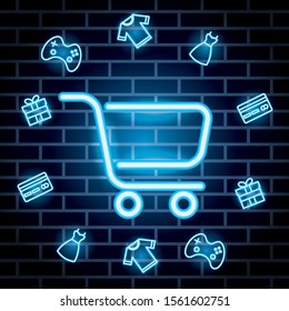 Neon Lights Label With Cart Shopping Vector Illustration Design