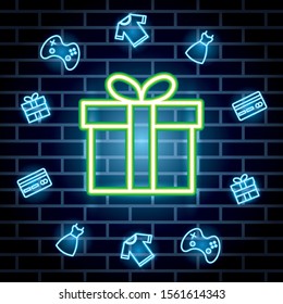 neon lights label with giftbox vector illustration design