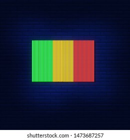 The neon lights of the Mali flag. Bright advertising of the country. Modern vector logo, banner, shield, Mali flag image. Night advertising on the background of a brick wall.