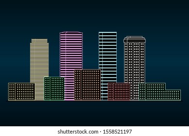 Neon lights of metropolis. Night city. Vector illustration.