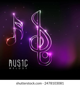 Neon Lights Music Notes on Dark Purple Background for Music Melody.