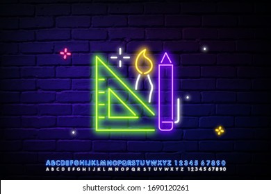 Neon lights for office supplies. Bright advertising of a brush, ruler, or pencil. Modern vector logo, banner, shield, image of office supplies. Night illustration against a brick wall.