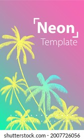 Neon lights palms background with frame for your text. Fluorescent fuchsia pink color poster. Art light flyer, trend cards.