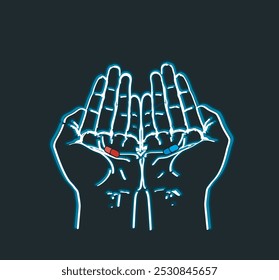 neon lights palms up hands holding red and blue pills isolated on white background illustration