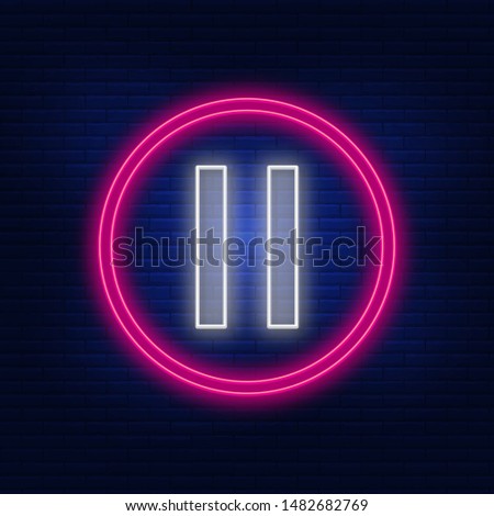 Neon lights pause. Bright commercial break. Modern vector logo, banner, shield, picture of pause sign. Night advertising on the background of a brick wall.