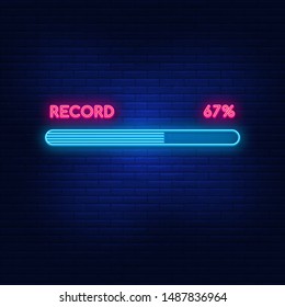 Neon lights record 67%. Modern vector logo, banner, Board, picture labels record. Night advertising on the background of a brick wall.