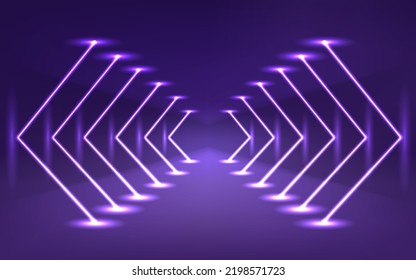 Neon lights rectangular frame horizontal sign. Background tunnel corridor portal. Geometric glow outline shape laser glowing lines.