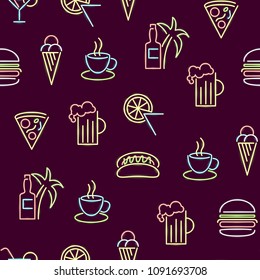 Neon Lights Seamless Pattern Background Include of Food and Drink. Vector illustration of Light Sign