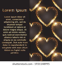 Neon Lights seamless pattern with glow effect, colorful shiny hearts, abstract shapes on a black background. 