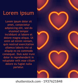 Neon Lights seamless pattern with glow effect, colorful shiny hearts, abstract shapes on a black background. 