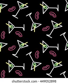Neon Lights seamless pattern with glow effect, martini glass and lip imprint, abstract colorful shapes on a black background, vector EPS 8