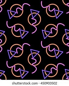 Neon Lights seamless pattern with glow effect, abstract colorful shapes on a black background, vector EPS 8