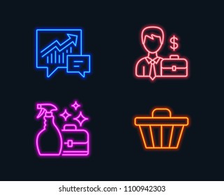 Neon lights. Set of Accounting, Cleanser spray and Businessman case icons. Shop cart sign. Supply and demand, Washing liquid, Human resources. Web buying.  Glowing graphic designs. Vector