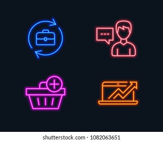 Neon lights. Set of Add purchase, Person talk and Human resources icons. Sales diagram sign. Shopping order, Communication message, Job recruitment. Sale growth chart.  Glowing graphic designs. Vector