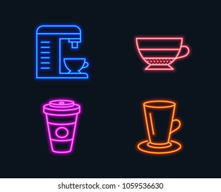 Neon lights. Set of Americano, Takeaway coffee and Coffee machine icons. Teacup sign. Beverage cup, Hot latte drink, Cappuccino machine. Tea or latte.  Glowing graphic designs. Vector