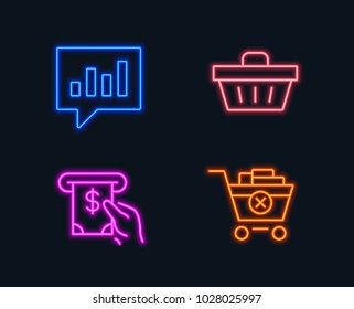 Neon lights. Set of Analytical chat, Atm service and Shopping basket icons. Remove purchase sign. Communication speech bubble, Cash investment, Sale offer. Delete from cart.  Glowing graphic designs