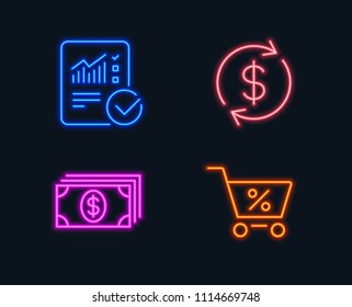 Neon lights. Set of Banking, Usd exchange and Checked calculation icons. Special offer sign. Money payment, Currency rate, Statistical data. Discounts.  Glowing graphic designs. Vector