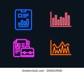 Neon lights. Set of Bar diagram, Report document and Vacancy icons. Investment sign. Statistics infochart, Page with charts, Hiring job. Economic statistics.  Glowing graphic designs. Vector