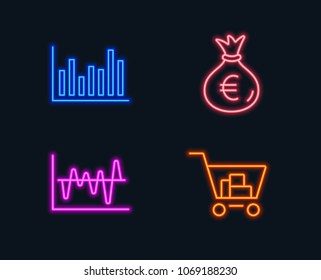Neon lights. Set of Bar diagram, Money bag and Stock analysis icons. Internet shopping sign. Statistics infochart, Euro currency, Business trade. Cart with purchases.  Glowing graphic designs. Vector