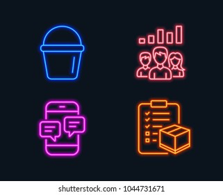 Neon lights. Set of Bucket, Teamwork results and Phone messages icons. Parcel checklist sign. Washing equipment, Group work, Mobile chat. Logistics check.  Glowing graphic designs. Vector