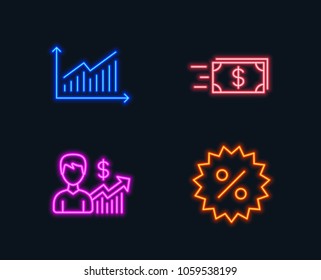 Neon lights. Set of Business growth, Money transfer and Graph icons. Discount sign. Earnings results, Cash delivery, Presentation diagram. Special offer.  Glowing graphic designs. Vector