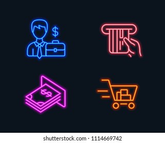 Neon lights. Set of Businessman case, Credit card and Atm money icons. Shopping cart sign. Human resources, Atm payment, Dollar currency. Online buying.  Glowing graphic designs. Vector