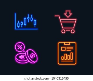 Neon lights. Set of Candlestick graph, Online market and Currency exchange icons. Report document sign. Finance chart, Shopping cart, Euro and usd. Page with charts.  Glowing graphic designs. Vector