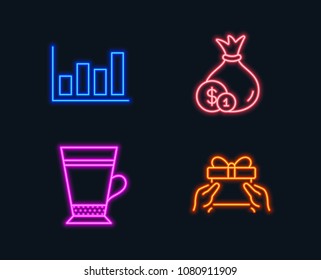 Neon lights. Set of Cash, Latte and Report diagram icons. Give present sign. Banking currency, Coffee beverage, Financial market. Receive a gift.  Glowing graphic designs. Vector