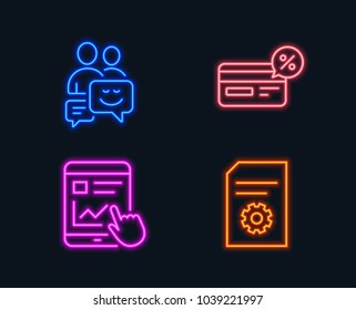 Neon lights. Set of Cashback, Internet report and Communication icons. File settings sign. Non-cash payment, Web tutorial, Business messages. File management.  Glowing graphic designs. Vector
