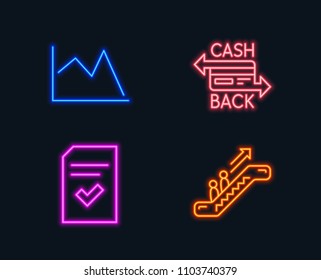 Neon lights. Set of Checked file, Cashback card and Line chart icons. Escalator sign. Correct document, Money payment, Financial graph. Elevator.  Glowing graphic designs. Vector