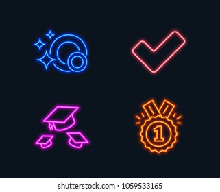 Neon lights. Set of Clean dishes, Throw hats and Tick icons. Approved sign. Dishwasher concept, College graduation, Confirm check. Winner badge.  Glowing graphic designs. Vector