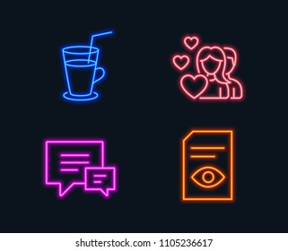 Neon lights. Set of Cocktail, Comment and Couple icons. View document sign. Fresh beverage, Talk bubbles, Valentines day. Open file.  Glowing graphic designs. Vector