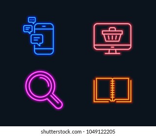 Neon lights. Set of Communication, Research and Web shop icons. Book sign. Smartphone messages, Magnifying glass, Shopping cart. E-learning course.  Glowing graphic designs. Vector