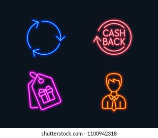 Neon lights. Set of Coupons, Cashback and Recycling icons. Businessman sign. Shopping tags, Refund commission, Reduce waste. User data.  Glowing graphic designs. Vector