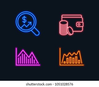 Neon lights. Set of Currency audit, Payment method and Investment graph icons. Infographic graph sign. Money chart, Wallet with coins, Investment infochart. Line diagram.  Glowing graphic designs
