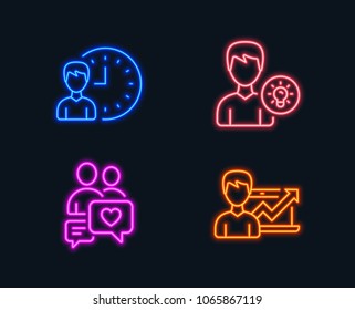 Neon lights. Set of Dating chat, Working hours and Person idea icons. Success business sign. People love, Project deadline, Lamp energy. Growth chart.  Glowing graphic designs. Vector