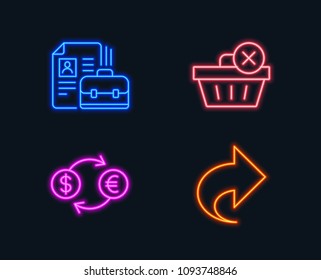 Neon lights. Set of Delete purchase, Currency exchange and Vacancy icons. Share sign. Remove from basket, Banking finance, Hiring job. Link.  Glowing graphic designs. Vector