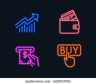 Neon lights. Set of Demand curve, Atm service and Debit card icons. Buying sign. Statistical report, Cash investment, Wallet with credit card. E-commerce shopping.  Glowing graphic designs. Vector