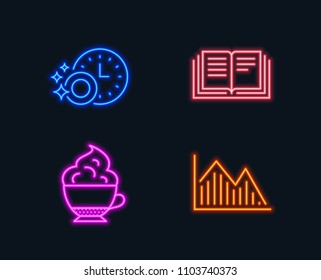 Neon lights. Set of Dishwasher timer, Education and Cappuccino cream icons. Investment graph sign. Cleaning dishes, Instruction book, Coffee with whipped cream. Investment infochart. Vector