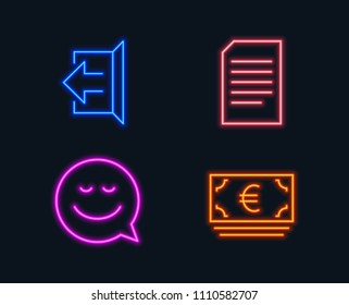 Neon lights. Set of Document, Sign out and Smile icons. Euro currency sign. Information file, Logout, Chat emotion. Eur banking.  Glowing graphic designs. Vector