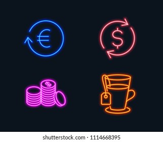 Neon lights. Set of Dollar exchange, Exchange currency and Banking money icons. Tea sign. Banking rates, Cash finance, Glass mug.  Glowing graphic designs. Vector