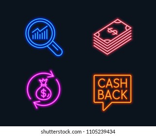 Neon lights. Set of Dollar, Money exchange and Data analysis icons. Money transfer sign. Usd currency, Cash in bag, Magnifying glass. Cashback message.  Glowing graphic designs. Vector