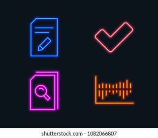 Neon lights. Set of Edit document, Tick and Search files icons. Column diagram sign. Page with pencil, Confirm check, Magnifying glass. Sale statistics.  Glowing graphic designs. Vector