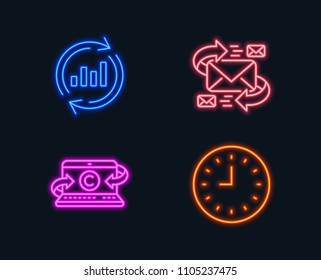 Neon lights. Set of E-mail, Copywriting notebook and Update data icons. Clock sign. Communication by letters, Writer laptop, Sales chart. Time or watch.  Glowing graphic designs. Vector