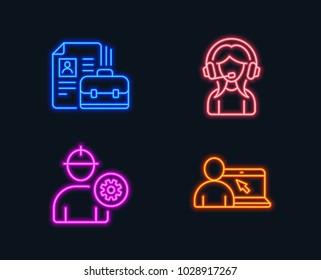 Neon lights. Set of Engineer, Vacancy and Support icons. Online education sign. Worker with cogwheel, Hiring job, Call center. Internet lectures.  Glowing graphic designs. Vector